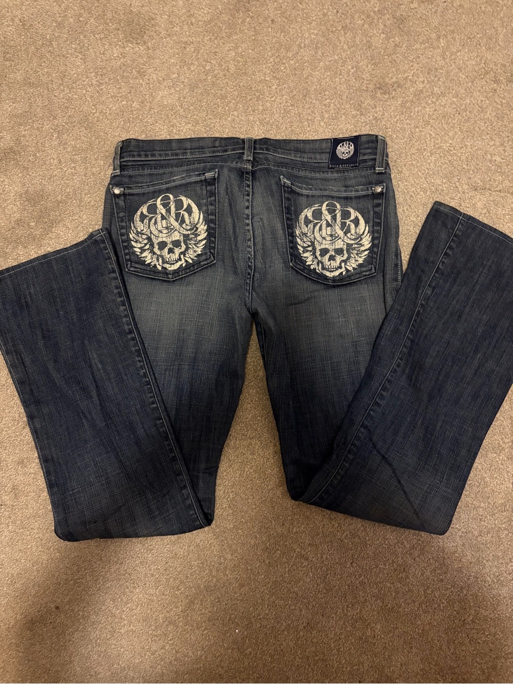 Vintage Rock & Republic Dark Blue Bootcut Jeans with White Skull Embroidery